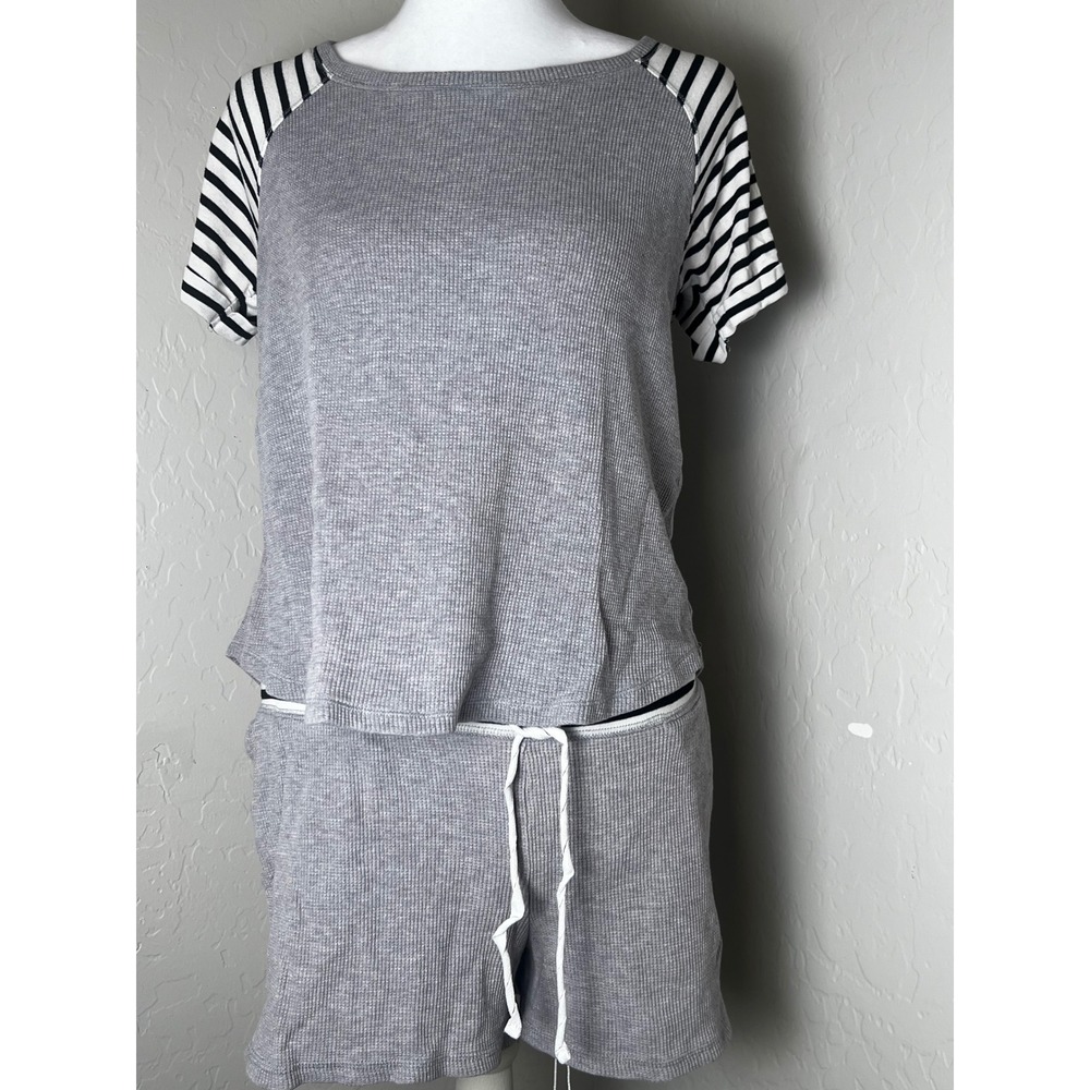 Alfani Intimates Waffle Knit Pajama Set Gray Striped Short Sleeve Shorts S/M